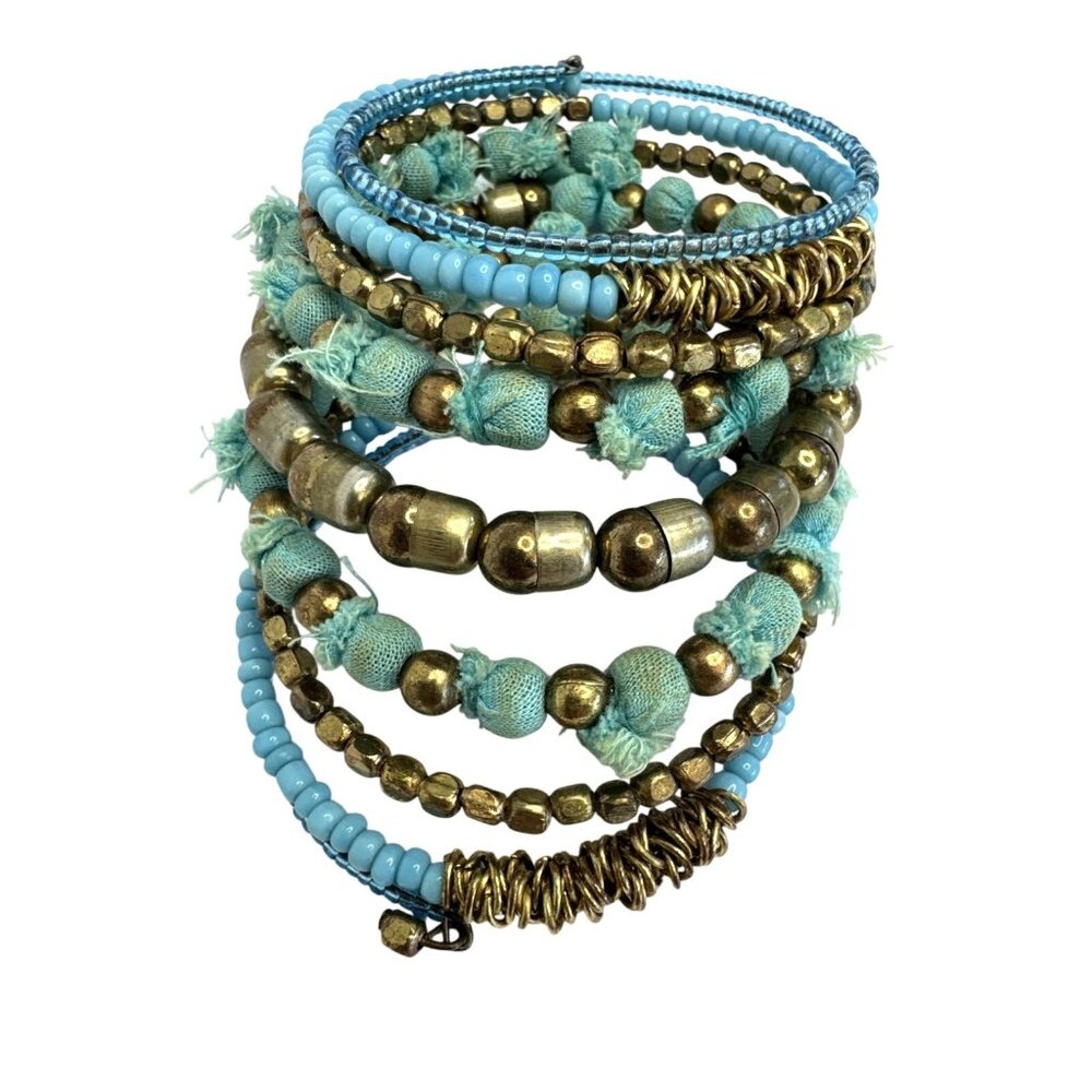 Boho Chic Turquoise & Gold Multi-Layer Coil Bracelet With Beads